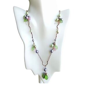 Vintage Czech pressed Glass Pearl long Necklace Purple Green